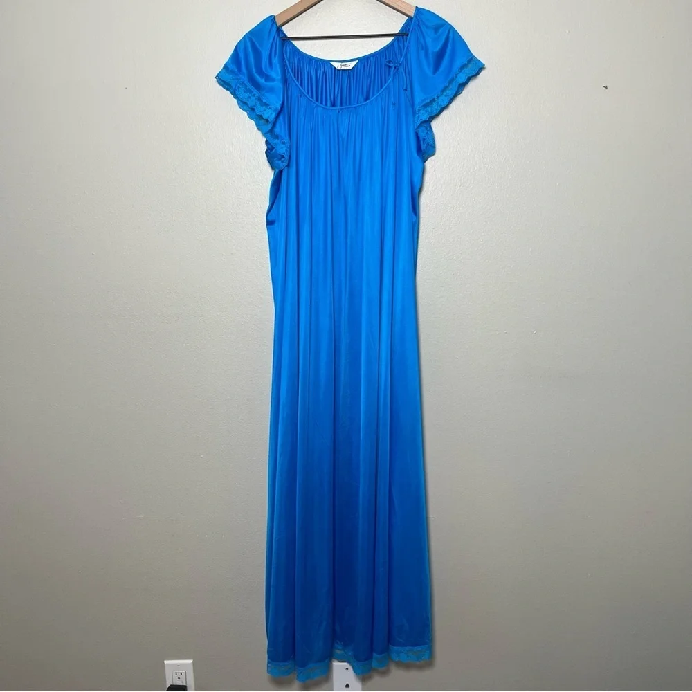 VTG 80s Henson Kickernick Women Maxi Nightgown Dress Lace Cottagecore Blue‎